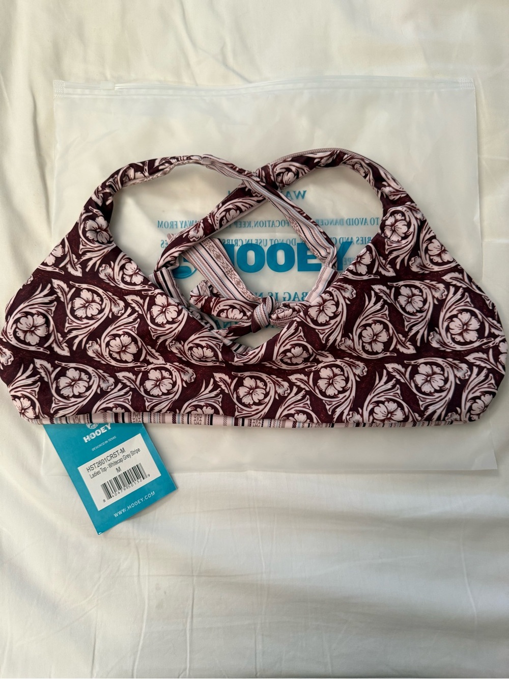 Hooey Burgundy and White Floral Crisscross Swim Bikini Top
